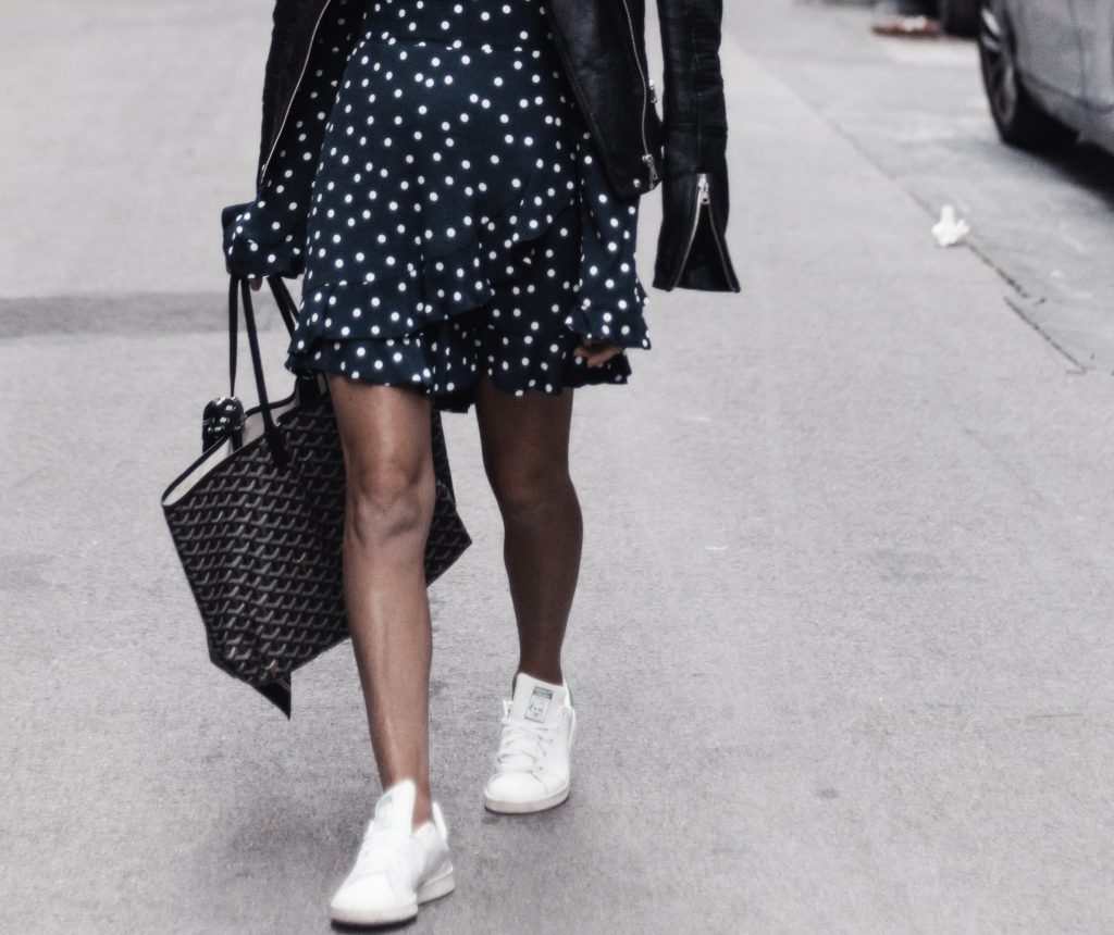 SeeWantWear outfit - Polka dot dress, Adidas Sneakers & Goyard tote.