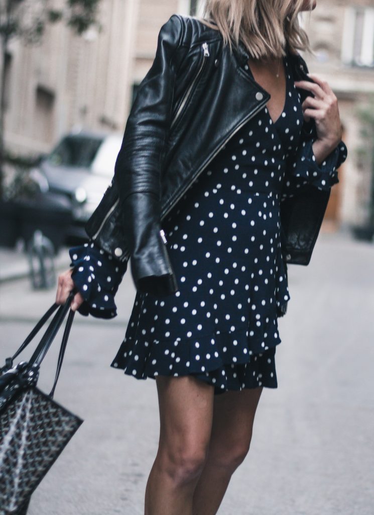 SeeWantWear outfit - Polka dot dress, Adidas Sneakers & Goyard tote.