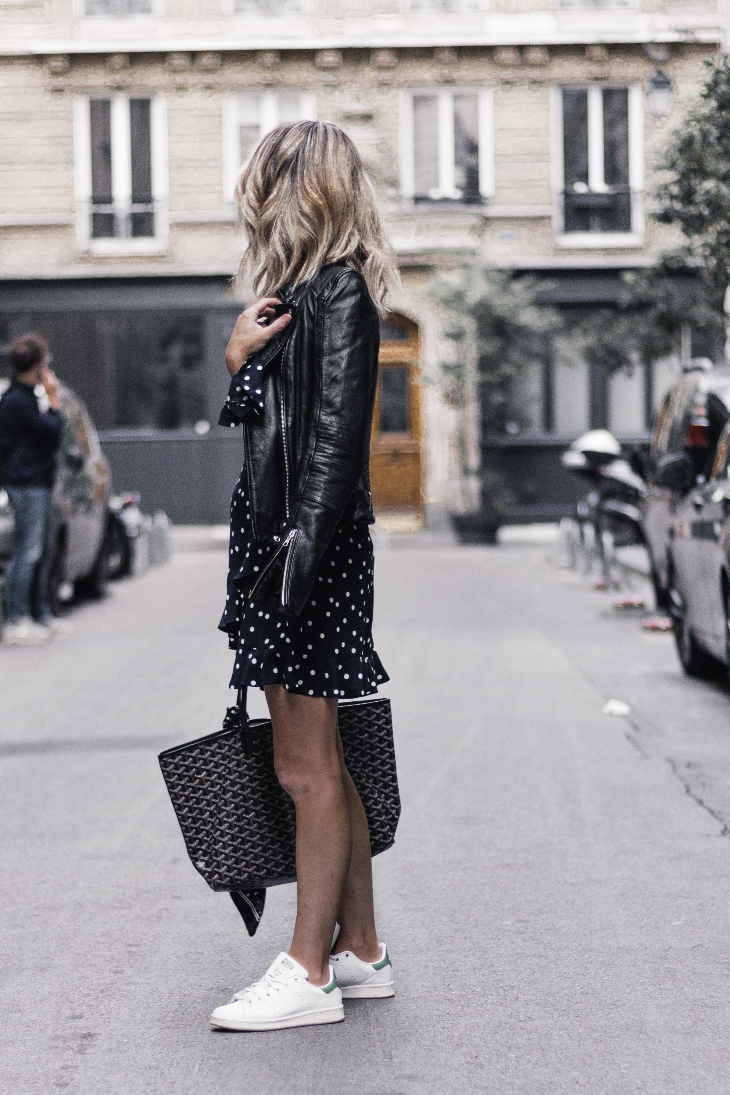 polka dot dress with leather jacket
