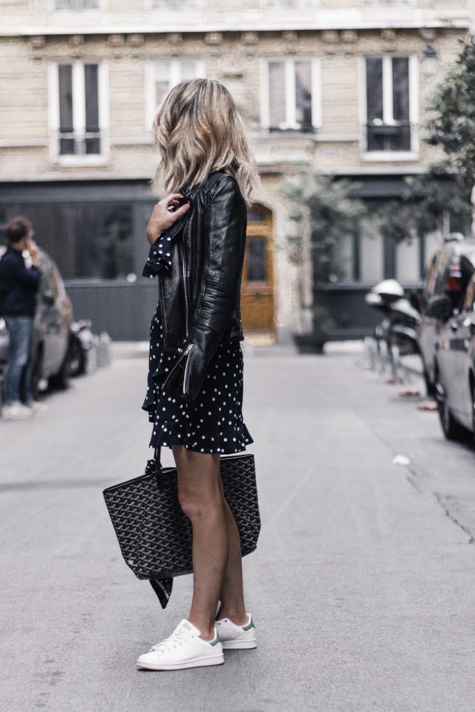 Outfit - Polka Dot Dress, Leather Jacket, Adidas Stan Smith, Goyard Tote