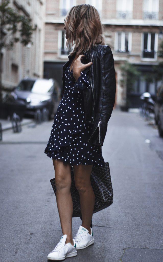 SeeWantWear Outfit - Polka Dot Dress, Adidas Stan Smith sneakers, Zara leather jacket & Goyard Tote